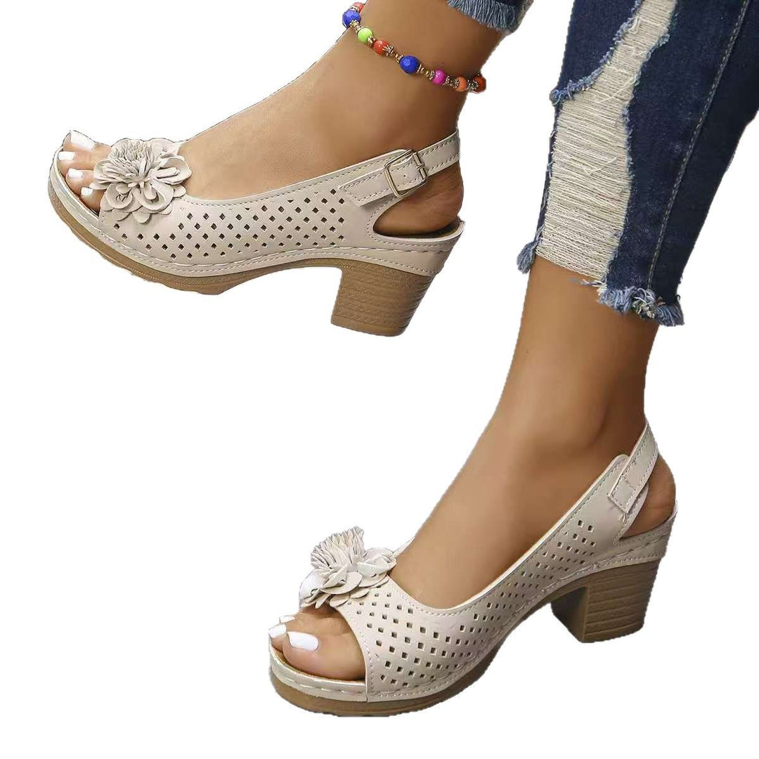 Damen Offene Zehen-Sandalen mit floralem Lochdesign und bequemen Blockabsatz Heidi-Mode