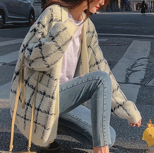 Damen Kuscheliger Oversized-Strickcardigan mit Karomuster R&B