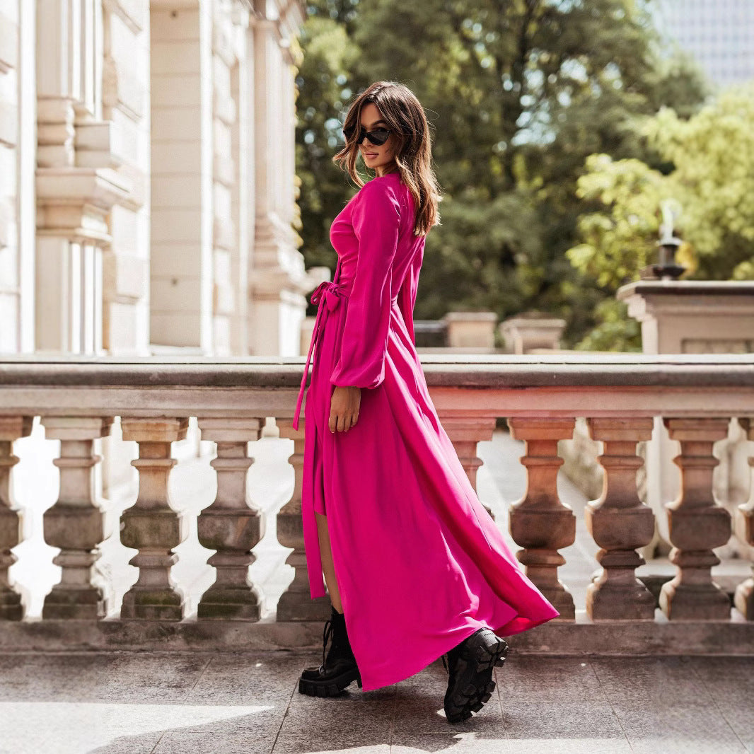 Damen Langärmliges Maxikleid mit Taillengürtel und eleganten Rüschendetails R&B