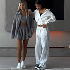 Damen nan kurzes Reißverschluss-Hoodie und hohe Taillen-Jogginghose Set mit dekorativer Seitenpaspel R&B