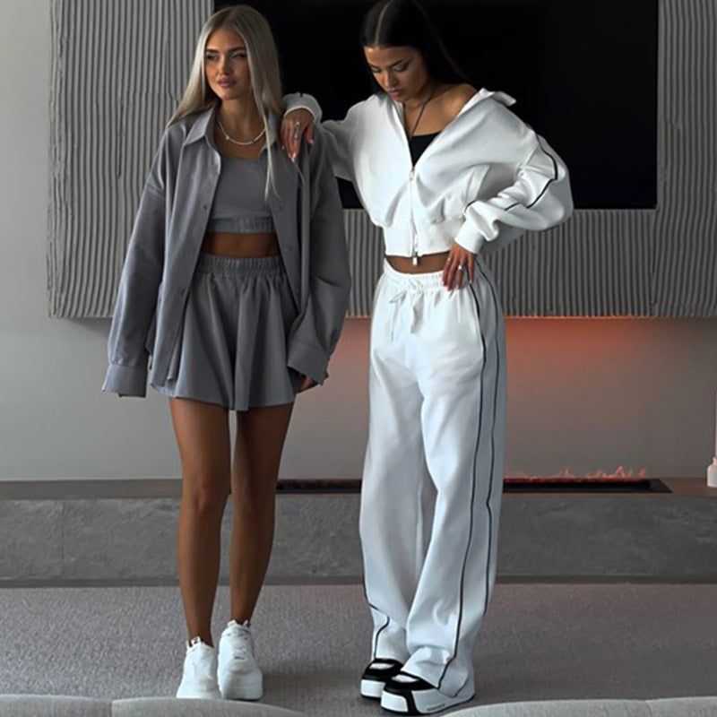 Damen nan kurzes Reißverschluss-Hoodie und hohe Taillen-Jogginghose Set mit dekorativer Seitenpaspel R&B