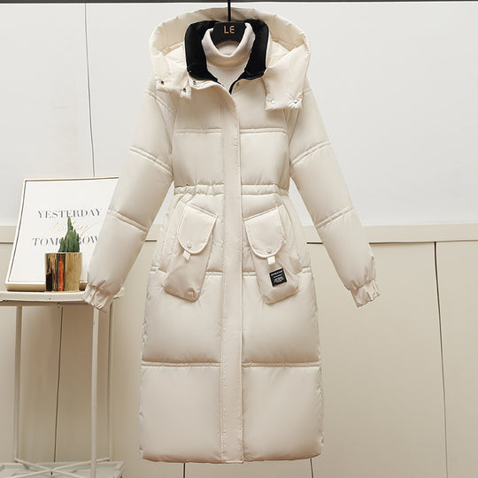 Damen Lange Pufferjacke mit abnehmbarer Kapuze und großen Taschen R&B
