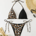 Damen Triangel-Bikini-Set mit elegantem Leopardenmuster und modischen Schnürdetails R&B