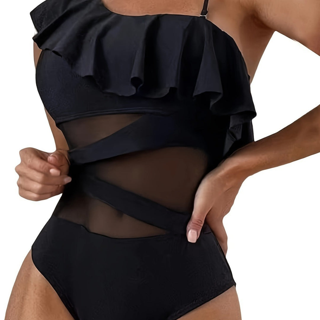 Damen Einteiler Badeanzug mit asymmetrischem Rüschendesign und eleganten Cut-Out-Details R&B