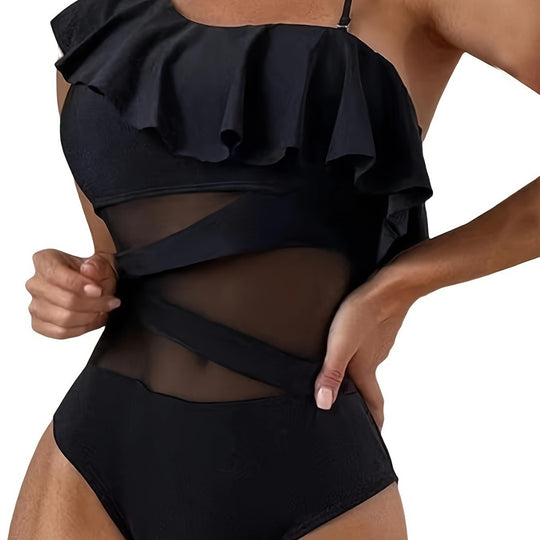 Damen Einteiler Badeanzug mit asymmetrischem Rüschendesign und eleganten Cut-Out-Details R&B