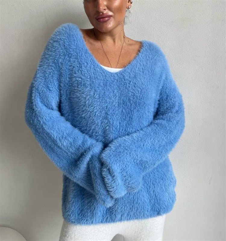 Damen Flauschiger V-Ausschnitt Pullover aus hochwertigem Material
