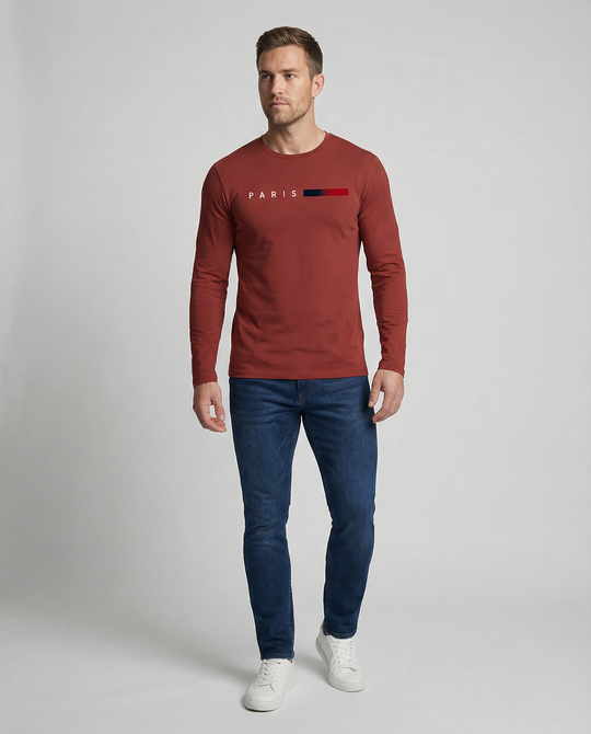 Herren Langarm T-Shirt mit modernem Paris-Druck und elastischem Saum R&B