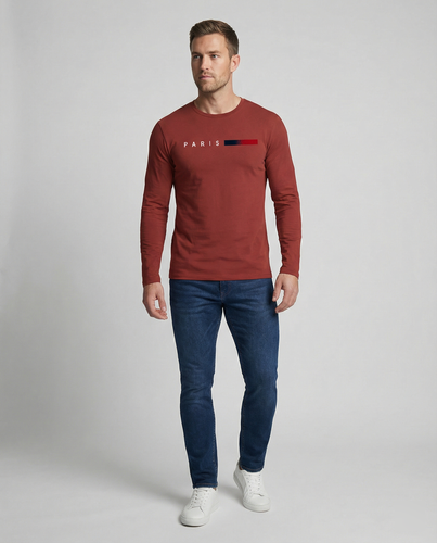Herren Langarm T-Shirt mit modernem Paris-Druck und elastischem Saum R&B