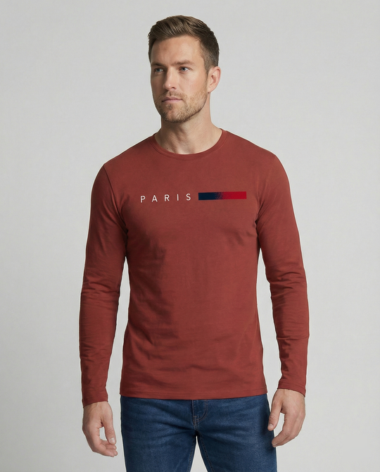 Herren Langarm T-Shirt mit modernem Paris-Druck und elastischem Saum R&B