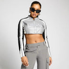 Damen cropped Sportjacke mit stylischem Reißverschluss und kontrastierenden Streifen R&B