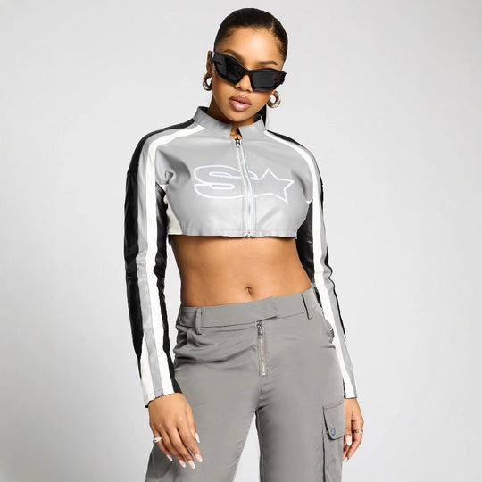 Damen cropped Sportjacke mit stylischem Reißverschluss und kontrastierenden Streifen R&B