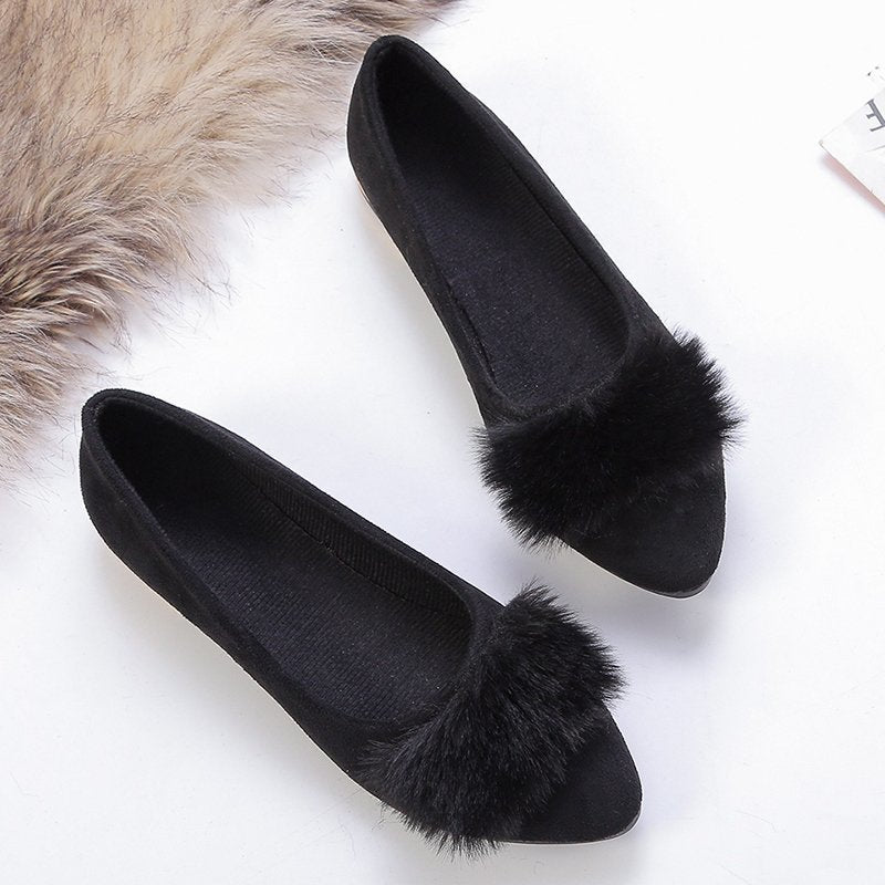 Damen elegante Ballerinas mit samtiger Oberfläche und dekorativem Pelzbesatz R&B