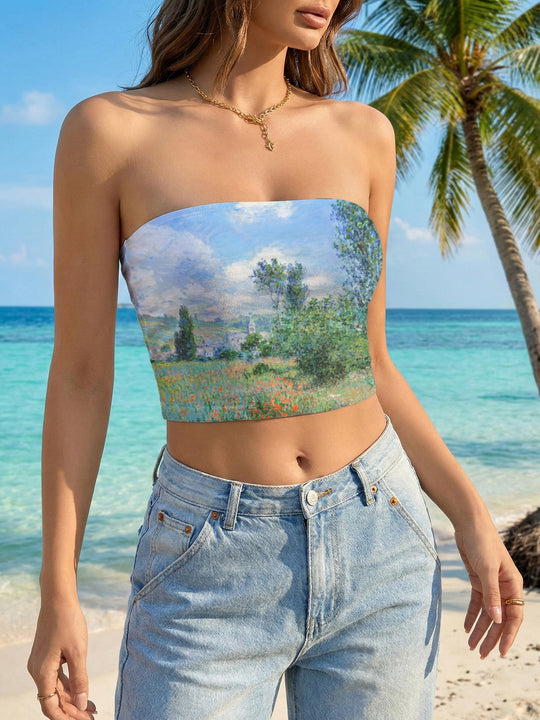 Damen Bandeau-Top mit kreativem Marmor-Design R&B