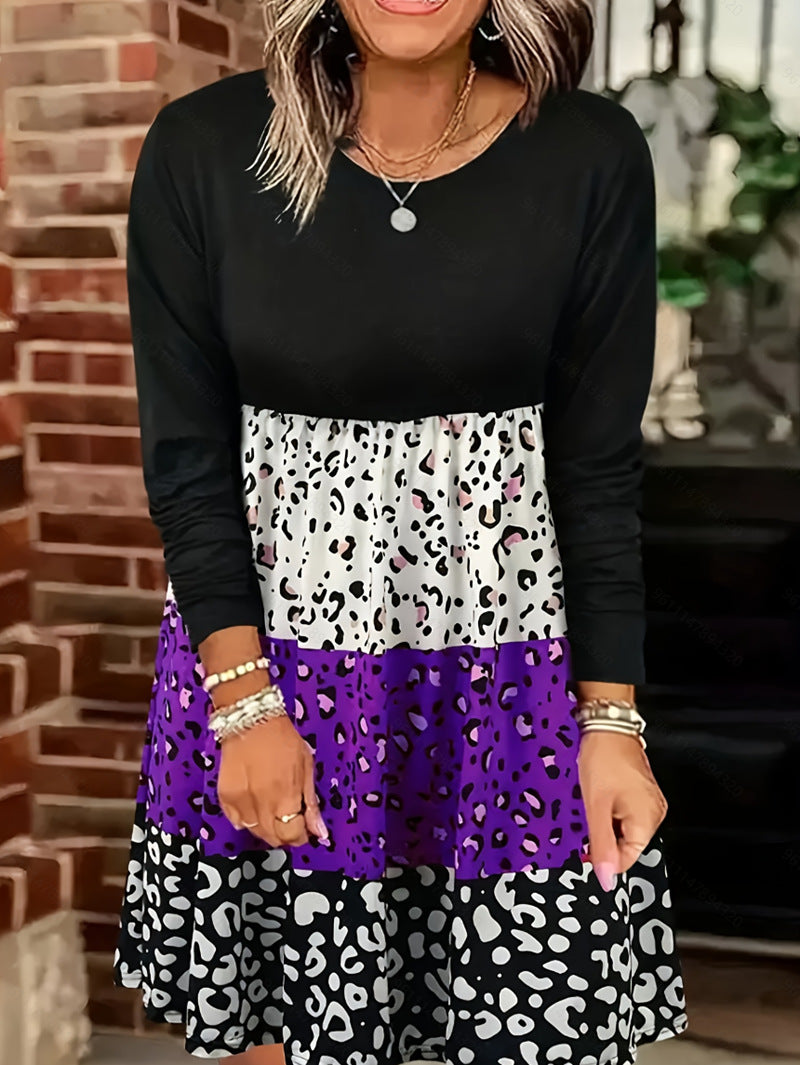Damen nan langärmliges Stufenkleid mit geraffter Empire-Taille und gemischtem Animal-Print R&B