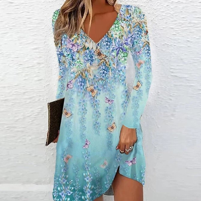 Damen V-Ausschnitt Kleid mit floralen Akzenten und langen Ärmeln R&B