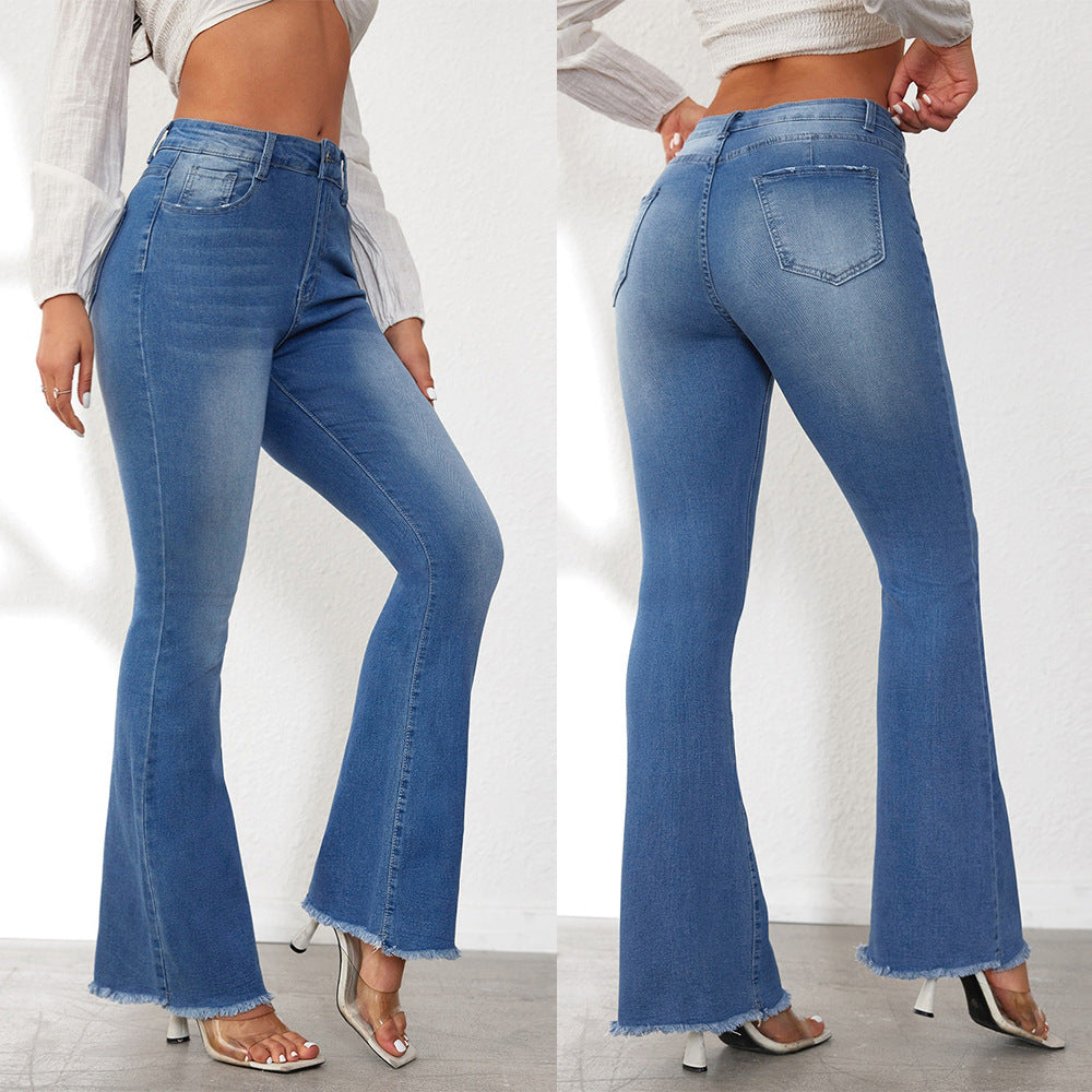 Damen Flared Jeans mit stylishen Fransen und hohem Bund R&B