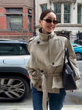 Damen Modische Kurzjacke mit hohem Kragen und Taillengürtel R&B