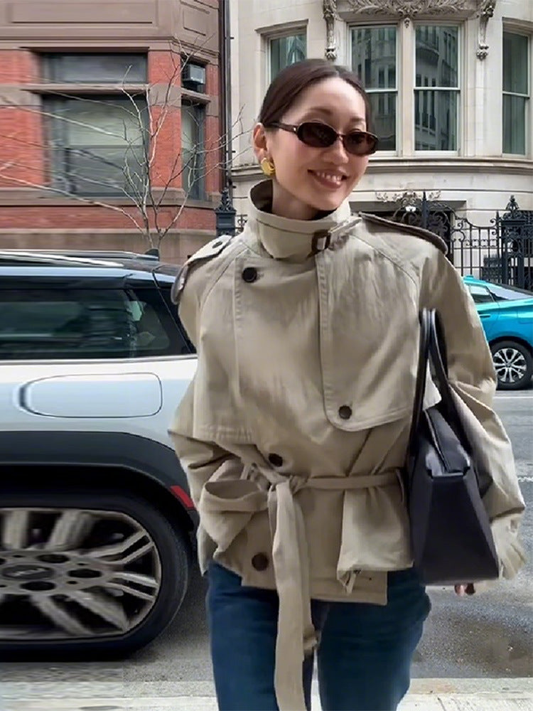 Damen Modische Kurzjacke mit hohem Kragen und Taillengürtel R&B