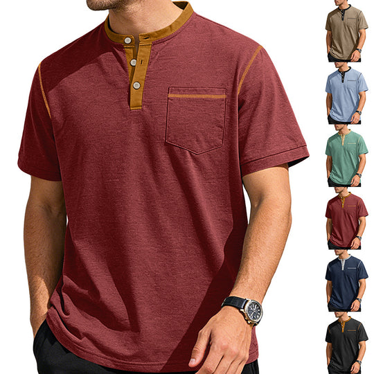 Herren nan legeres Kurzarm-Bandkragenshirt mit Knopfleiste Brusttasche und Flatlocknähten R&B