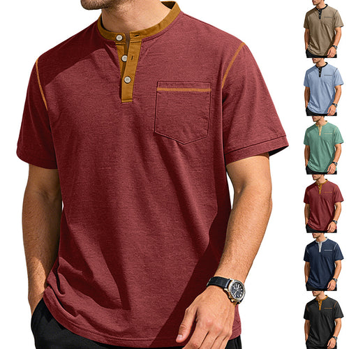 Herren nan legeres Kurzarm-Bandkragenshirt mit Knopfleiste Brusttasche und Flatlocknähten R&B