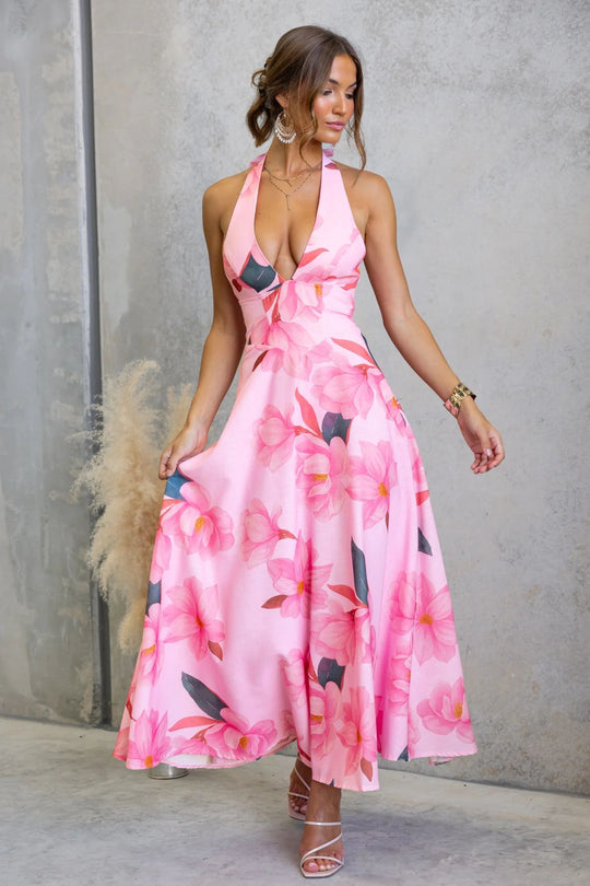 Damen Maxikleid mit tiefem V-Ausschnitt und floralen Akzenten R&B