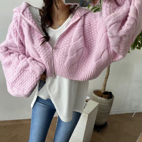 Damen Kurzer Strickpullover mit Zopfmuster und Kapuze R&B
