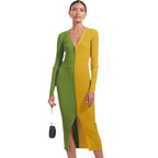 Damen Knopf-Design Maxikleid mit tiefem V-Ausschnitt und Rippstruktur R&B