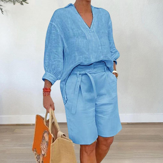 Damen lässiges Sommer-Outfit mit weitem Oberteil und Shorts R&B