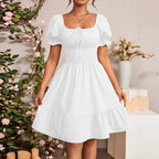 Damen Puffärmel Kleid mit elastischem Tailleneinsatz und Rüschensaum R&B