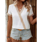 Damen Elegante V-Ausschnitt Bluse mit dekorativem Spitzenbesatz