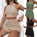 Damen sportliches Zweiteiliges Kurz-Outfit mit Rippstruktur R&B