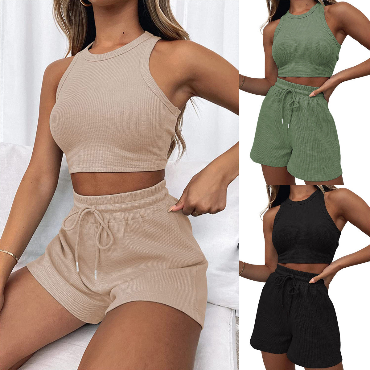 Damen sportliches Zweiteiliges Kurz-Outfit mit Rippstruktur R&B