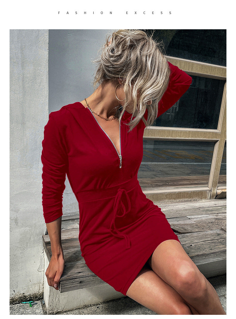 Damen Kapuzenkleid mit Reißverschluss und Taillenzug R&B