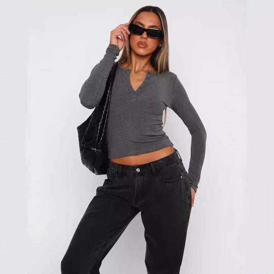 Damen Langarm Crop-Top mit eleganter V-Öffnung und figurbetontem Schnitt R&B