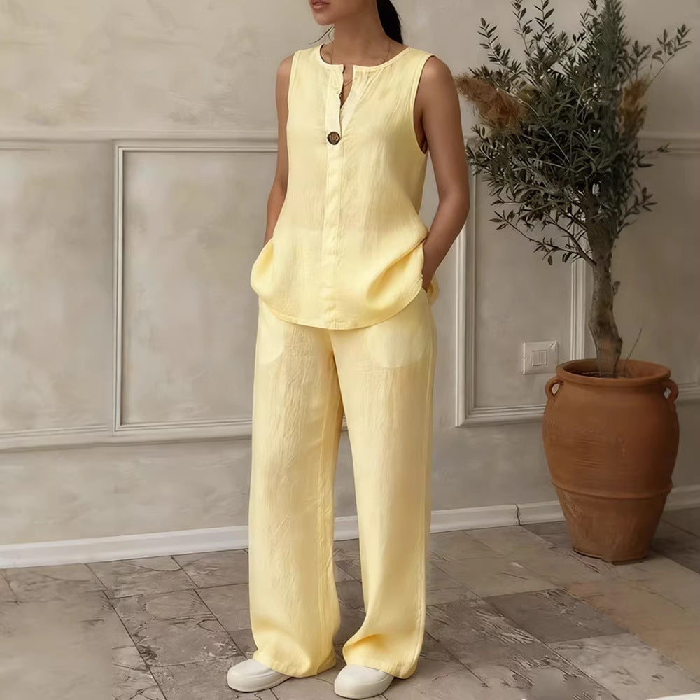 Damen Leinen Set mit elegantem Knopfdetail R&B