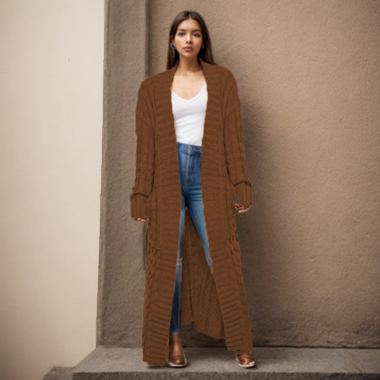 Damen Langer Strickcardigan mit raffiniertem Zopfdesign und praktischen Taschen R&B