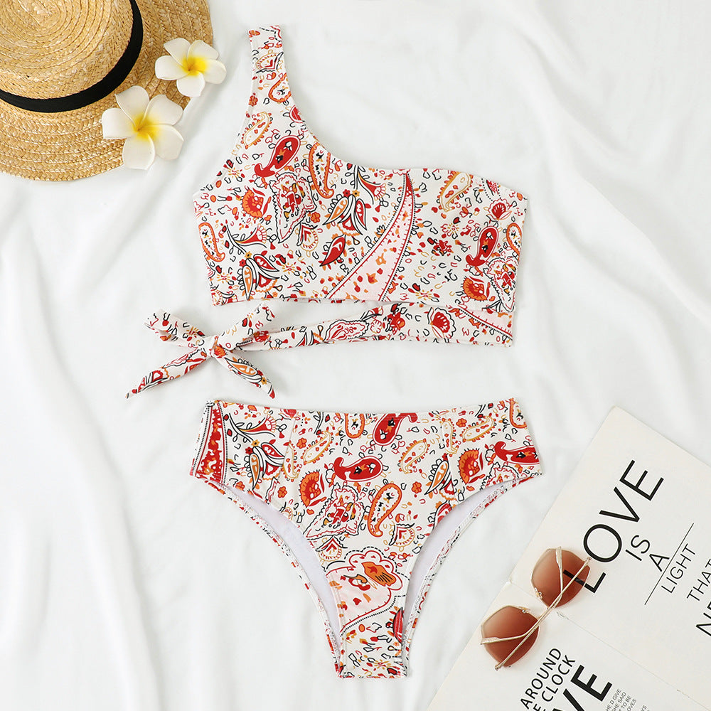 Damen Einseitiger Bikini mit floralem Design und seitlichem Knoten R&B