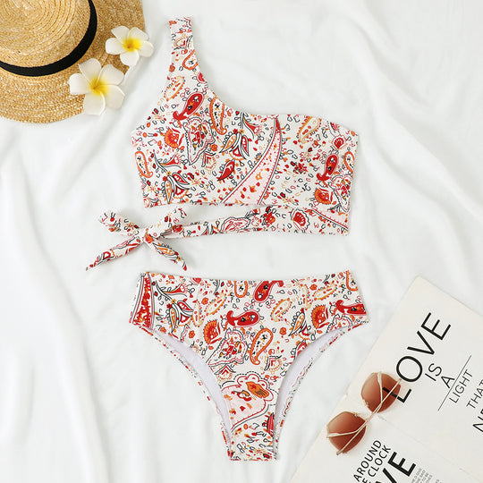 Damen Einseitiger Bikini mit floralem Design und seitlichem Knoten R&B