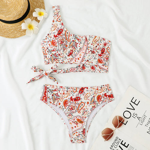 Damen Einseitiger Bikini mit floralem Design und seitlichem Knoten R&B