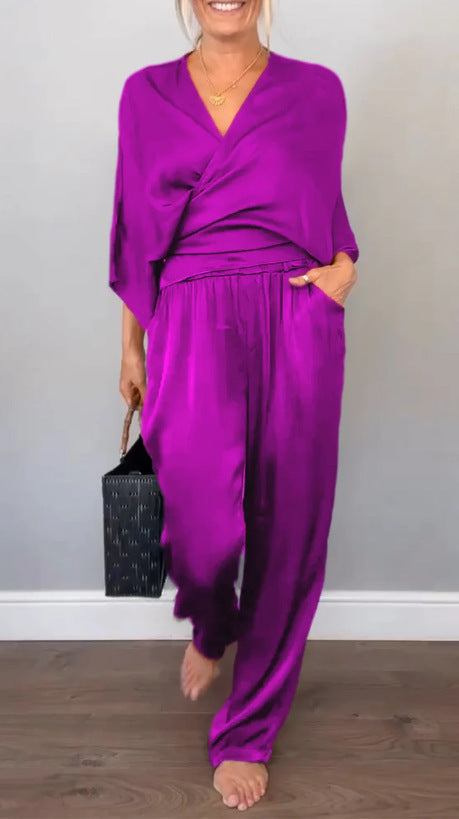 Damen Elegantes Wickeloberteil mit weitem Schnitt und passenden Palazzo-Hosen