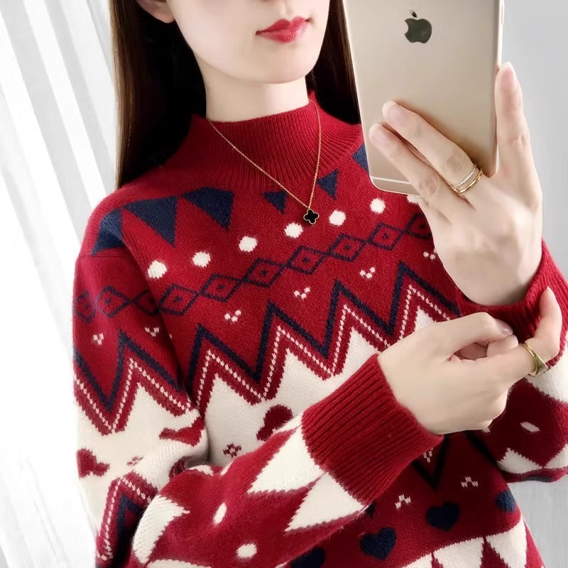Damen festlicher Strickpullover im modernen Weihnachtsdesign mit geometrischem Muster und komfortablem Rundhalsausschnitt R&B