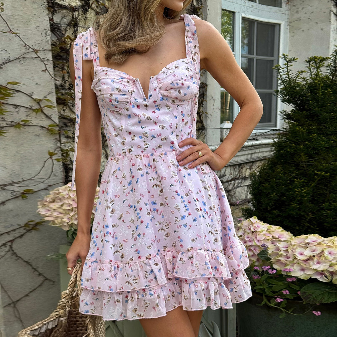 Damen Blütenmuster Minikleid mit zarten Rüschendetails und verstellbaren Trägern R&B