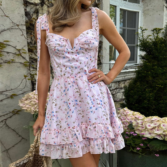 Damen Blütenmuster Minikleid mit zarten Rüschendetails und verstellbaren Trägern R&B