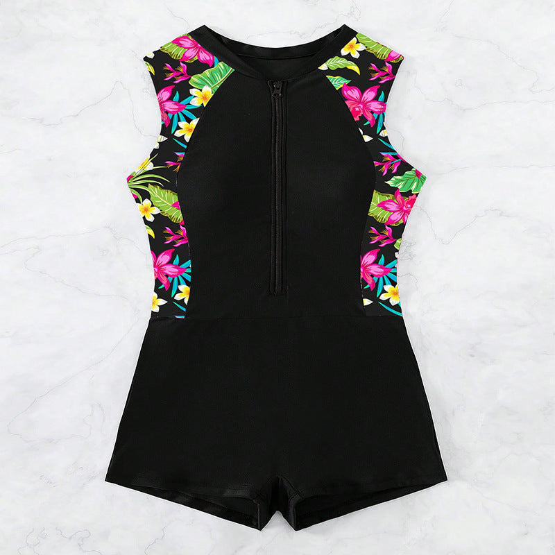 Damen Sportlicher Kurzarm-Badeanzug mit floralem Design R&B