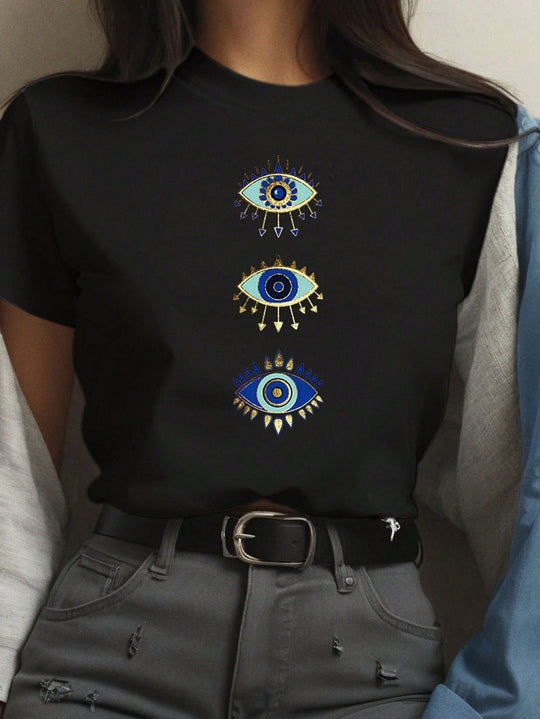 Damen T-Shirt mit kreativem Grafikdruck und luxuriösen Paillettenakzenten R&B