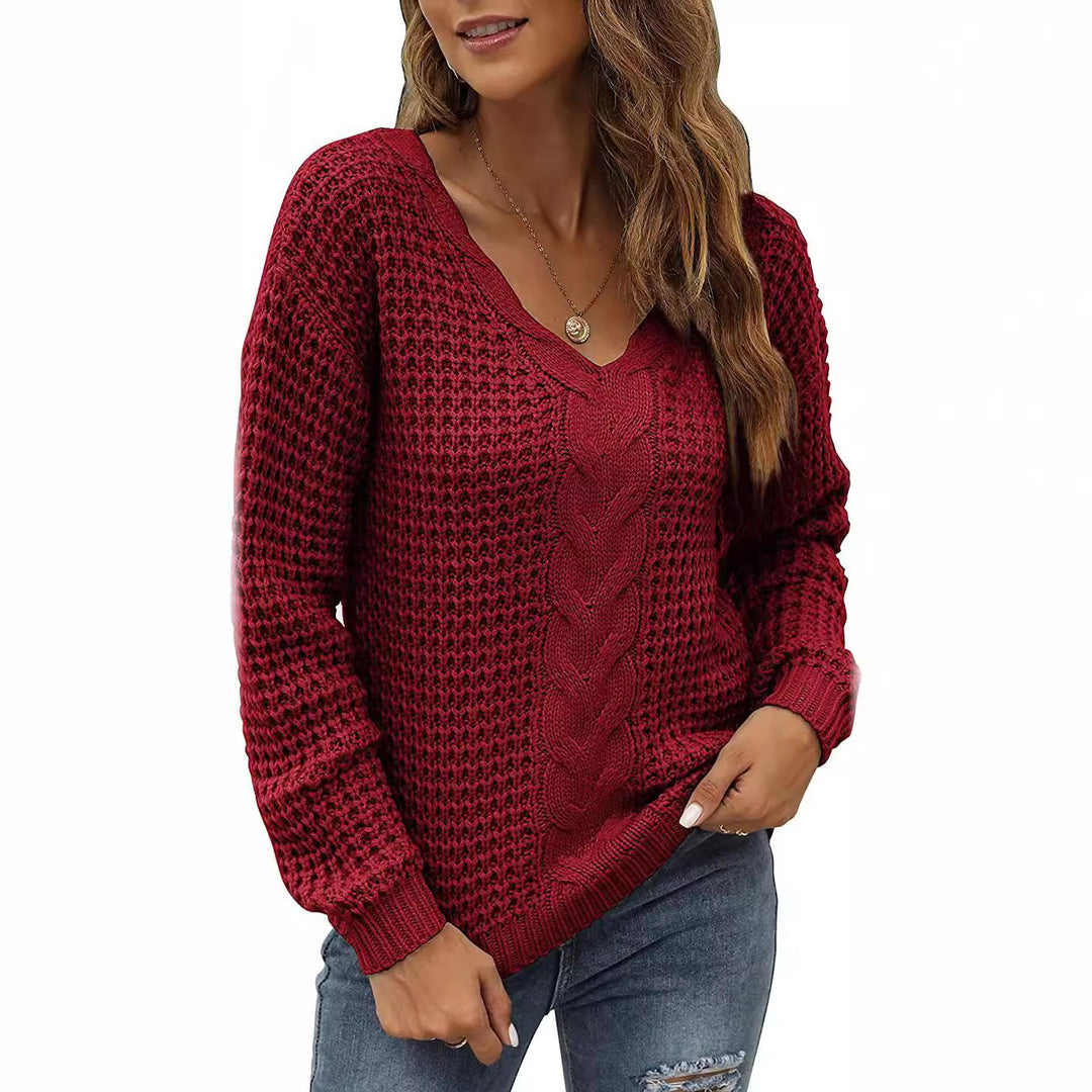 Damen lässiger Strickpullover mit tiefem V-Ausschnitt und detailliertem Zopfmuster R&B