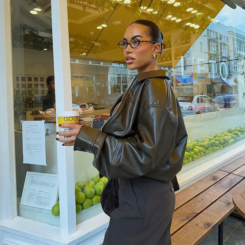 Damen modische Kunstlederjacke mit elastischem Bund R&B