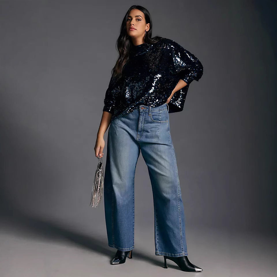 Damen Weit geschnittene Denim-Hose mit elastischem Bund und modischem Schnitt R&B