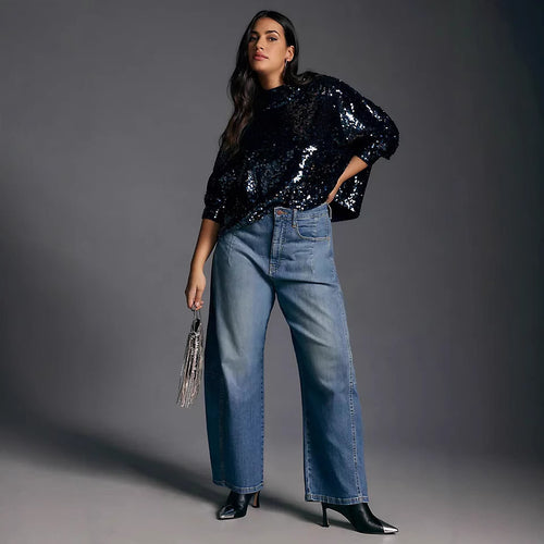 Damen Weit geschnittene Denim-Hose mit elastischem Bund und modischem Schnitt R&B