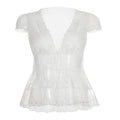 Damen Spitzenbluse mit Rüschendetails und tiefem V-Ausschnitt R&B